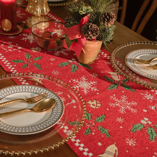 Red Christmas Table Runner with Tassels - Festive Snowflake & Bell Print (35*220cm) - Mekamart Australia