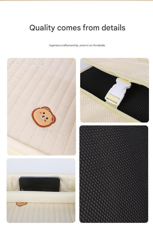 Kids Car Seat Travel Tray - Waterproof Lap Desk with Storage Pockets (Beige Bear - Square)