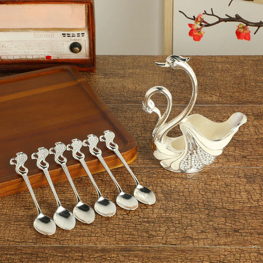 Silver Elegant Double Swan Cutlery Holder Set with 6pcs Spoons - Mekamart Australia