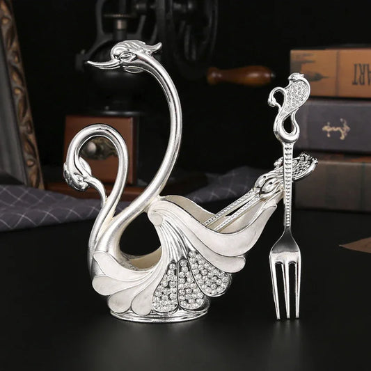 Silver Elegant Double Swan Cutlery Holder Set with 6pcs Fork - Mekamart Australia