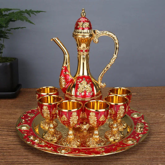 Vintage Palace Style Liquor Serving Set - Metal Pot, 6 Cups & Tray (Golden Red) - Mekamart Australia