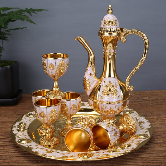 Vintage Palace Style Liquor Serving Set - Metal Pot, 6 Cups & Tray (White Gold)