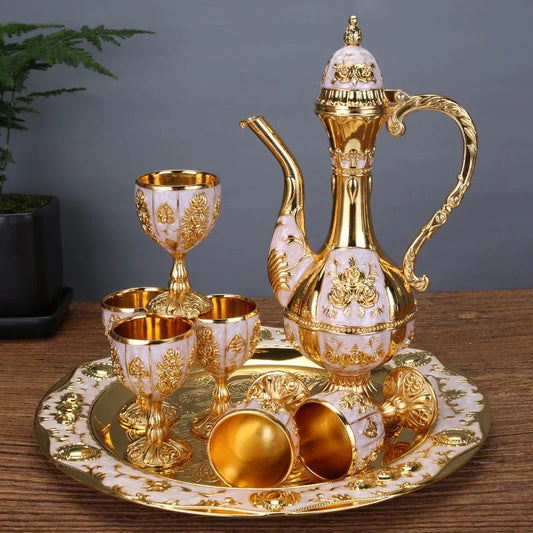 Vintage Palace Style Liquor Serving Set - Metal Pot, 6 Cups & Tray (White Gold) - Mekamart Australia