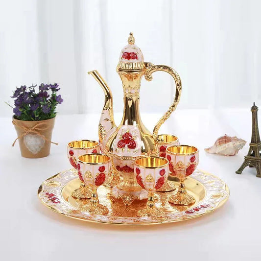 Vintage Palace Style Liquor Serving Set - Metal Pot, 6 Cups & Tray (White gold red rose) - Mekamart Australia