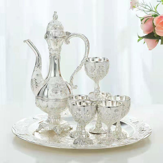 Vintage Palace Style Liquor Serving Set - Metal Pot, 6 Cups & Tray (Silver) - Mekamart Australia