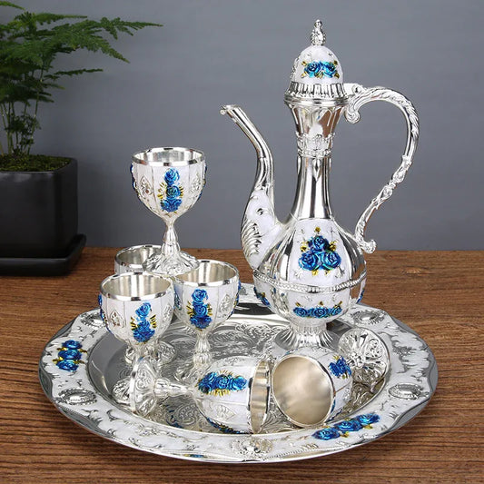 Vintage Palace Style Liquor Serving Set - Metal Pot, 6 Cups & Tray (Silvery blue rose) - Mekamart Australia