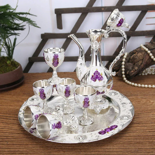 Vintage Palace Style Liquor Serving Set - Metal Pot, 6 Cups & Tray (Silver Purple Rose) - Mekamart Australia