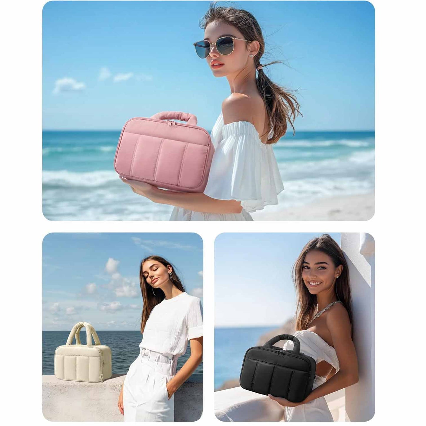 Black Puffy Travel Wash Bag with Wide-Mouth Access and Wet-Dry Pockets