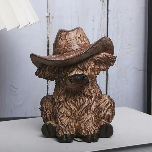 Rustic Highland Cow Statue with Cowboy Hat - Resin Farmhouse Decor - Mekamart Australia