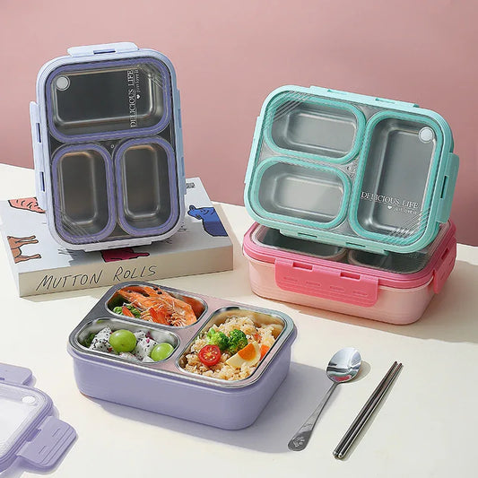 Purple 3-Compartment Stainless Steel Bento Lunch Box - Leak-Proof, for Kids & Adults for School & Office - Mekamart Australia