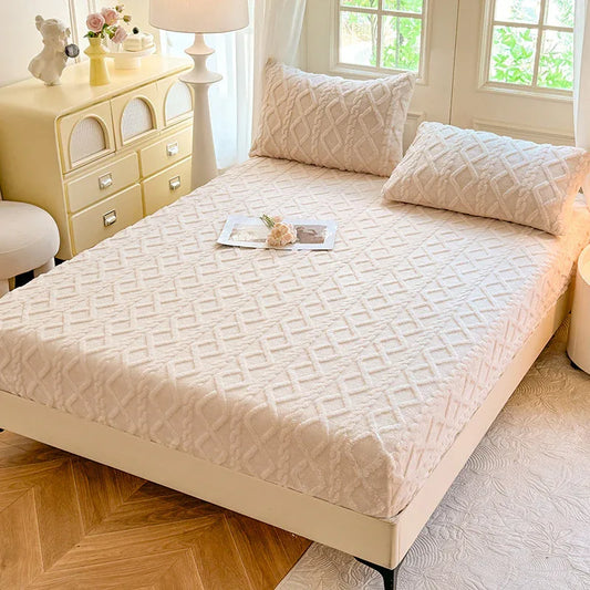 Beige Ultra Soft Plush Fitted Sheet - Winter Warm Plush Bed Sheet Embossed Diamond Pattern (150x200cm) - Mekamart Australia