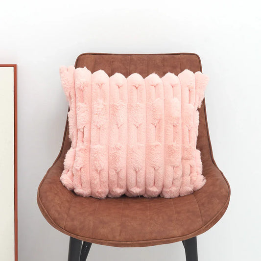 A pair of pink Plush Faux Rabbit Fur Throw Pillow Cover - Textured Wheat Ear Design (45x45cm) - Mekamart Australia