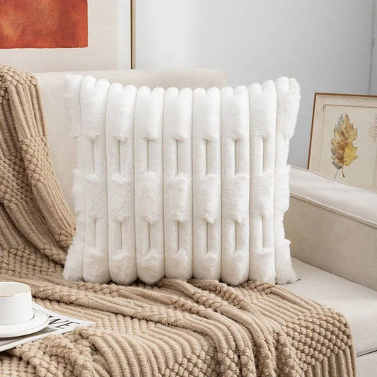 A pair of White Plush Faux Rabbit Fur Throw Pillow Cover - Textured Wheat Ear Design (45x45cm) - Mekamart Australia