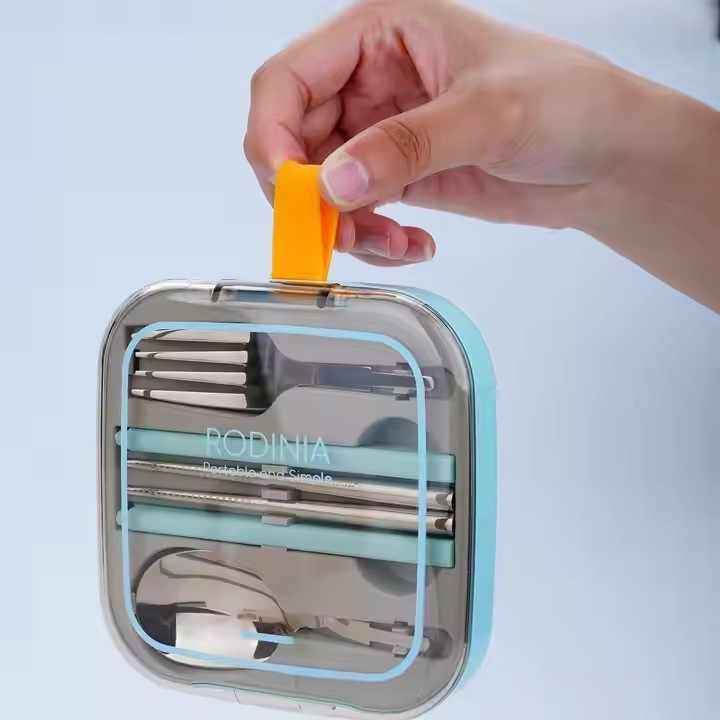 2 Sets Orange And Grey Portable Stainless Steel Cutlery Set - Reusable Utensils (2 Fork, 2 Spoon, 2 pairs of Chopsticks) with Compact Travel Case