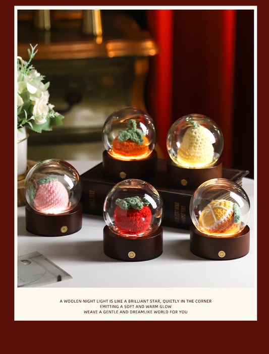 Purple Rose Handcrafted Crochet Flower LED Night Light - USB Rechargeable Glass Dome Lamp with Wood Base, 3 Color Modes