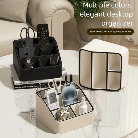 White and Black Stylish PU Leather Desktop Organizer Caddy - Multi-Compartment Holder for Remotes, Office Supplies, Makeup - Mekamart Australia