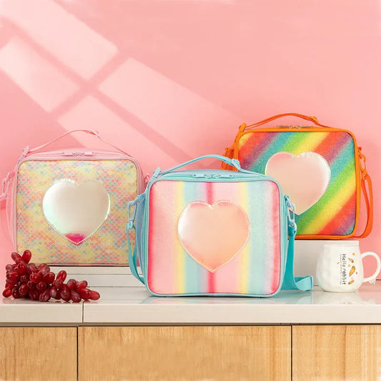 Pink Sparkling Rainbow Heart Insulated Lunch Bag for Kids - Portable School Lunch Box with Shoulder Strap - Mekamart Australia