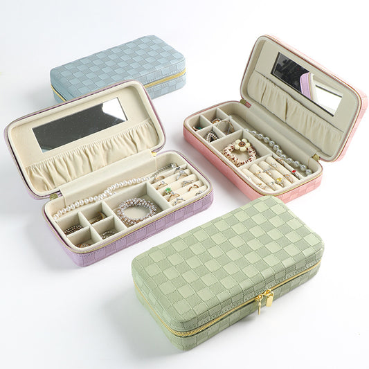Pink Stylish PU Leather Travel Jewellery Box - Compact Organizer for Rings, Earrings, Necklaces with Mirror