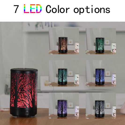 Khaki and Black Forest Design Iron Essential Oil Diffuser - 7 Color LED Ultrasonic Cool Mist Humidifier 100ml