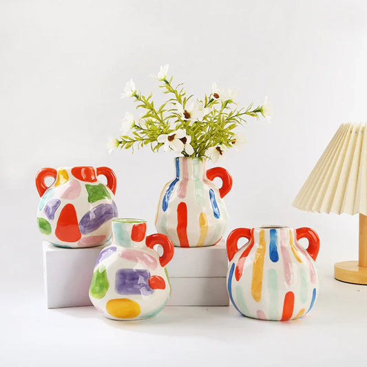 Colorful Artistic Hand-Painted Ceramic Vase - Dual Handle Pot Style - Colourful Striped Home Decor Accent - Mekamart Australia