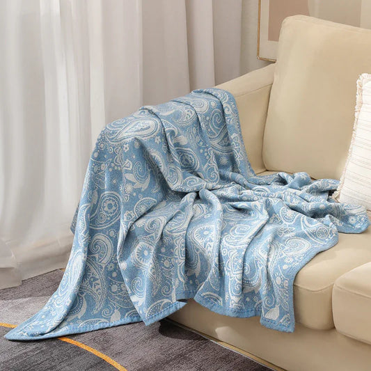 Blue Luxurious Paisley Jacquard Throw Blanket - Soft Wool Blend with Tassels, 120x150cm, Lightweight Sofa & Nap Blanket - Mekamart Australia