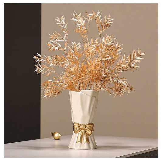 Beige Elegant Ceramic Vase with Golden Bow Accent - Textured Relief Flower Holder for Living Room & Dining Table Decor - Mekamart Australia