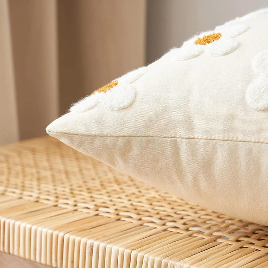 Beige and Khaki Charming 3D Daisy Embroidered Canvas Cushion Covers - Set of 2, 45x45cm Soft Textured Decorative Pillowcases - Mekamart Australia