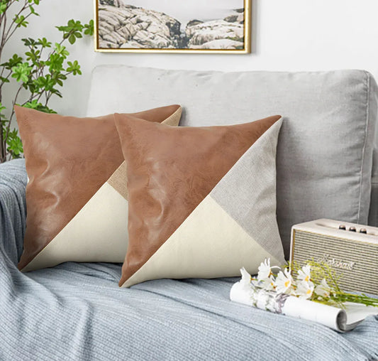 Khaki and Gray Modern Geometric Faux Leather & Cotton-Linen Cushion Covers - Set of 2, 45x45cm Decorative Pillowcases for Sofa & Car - Mekamart Australia
