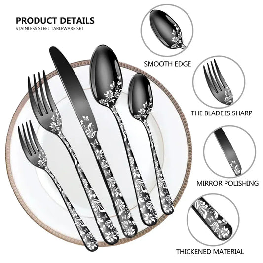 Silver Elegant 20-Piece Stainless Steel Cutlery Set with Floral Design - Dinner & Steak Knives, Forks, Spoons - Mekamart Australia