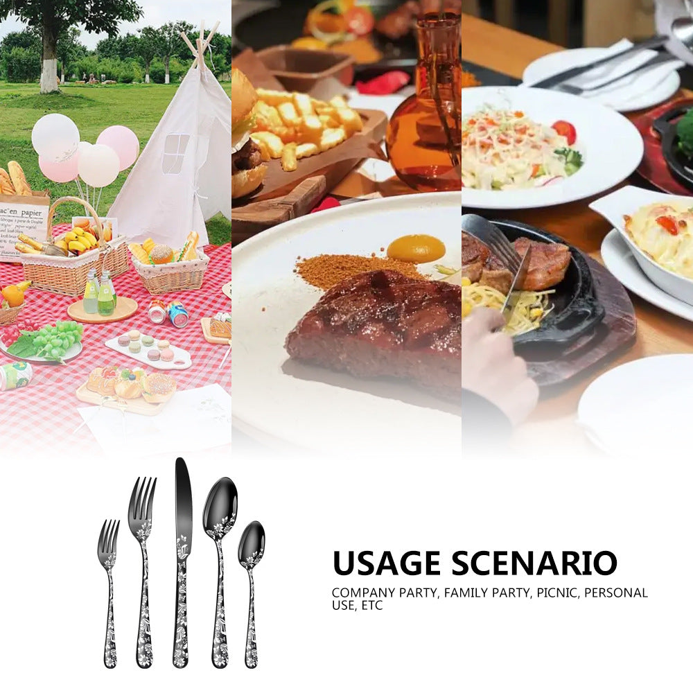 Multicolor Elegant 20-Piece Stainless Steel Cutlery Set with Floral Design - Dinner & Steak Knives, Forks, Spoons