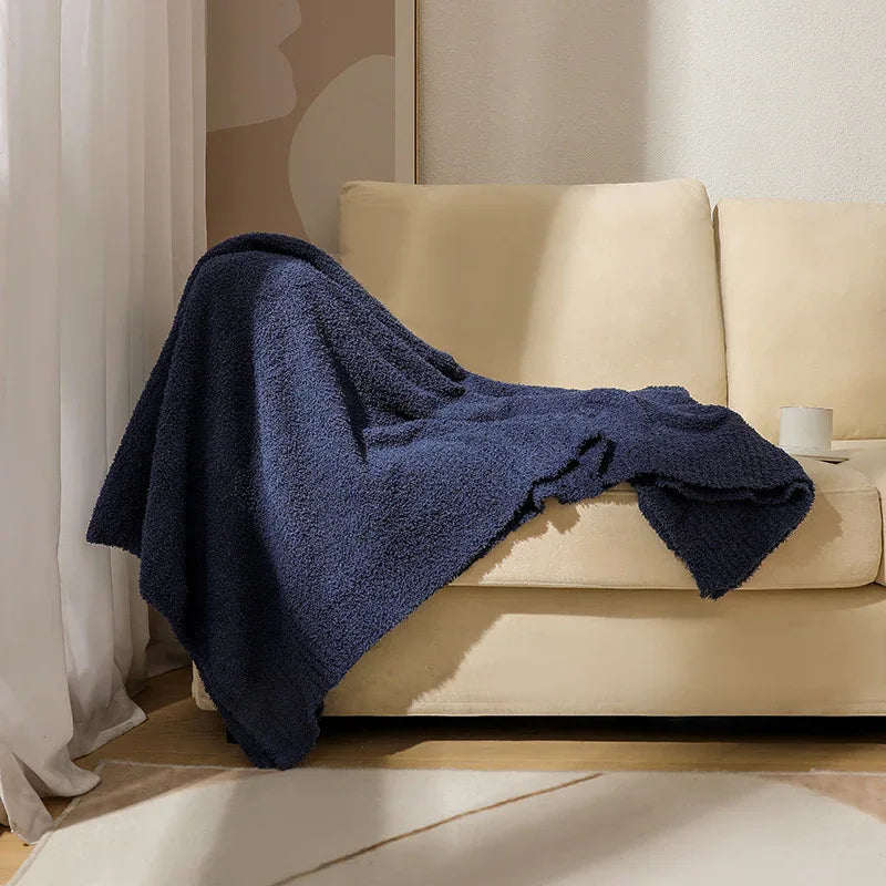 Navy Blue Plush Solid Color Knitted Blanket for Sofa and Office - Cozy Comfort - Mekamart Australia
