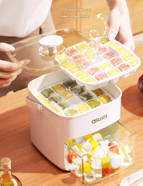White Innovative Press-Release Ice Cube Maker - Dual Layer Trays & Storage Bin (48 Cubes)