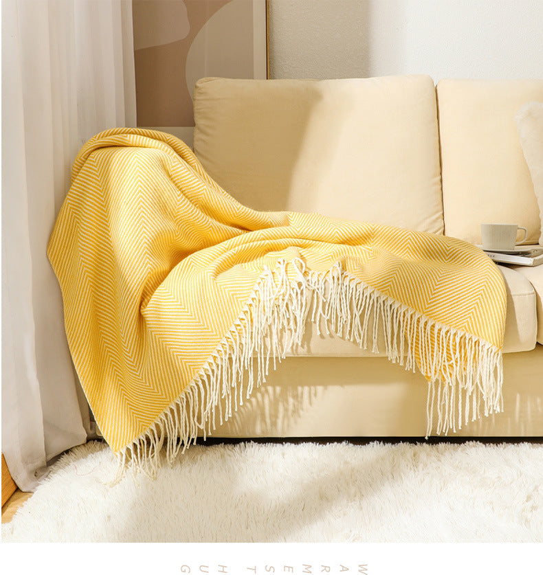 Yellow Elegant Herringbone Tassel Throw Blanket - Large Acrylic Faux Cashmere Soft Cozy Blanket for Sofa, Bed & Decor (130x240cm)