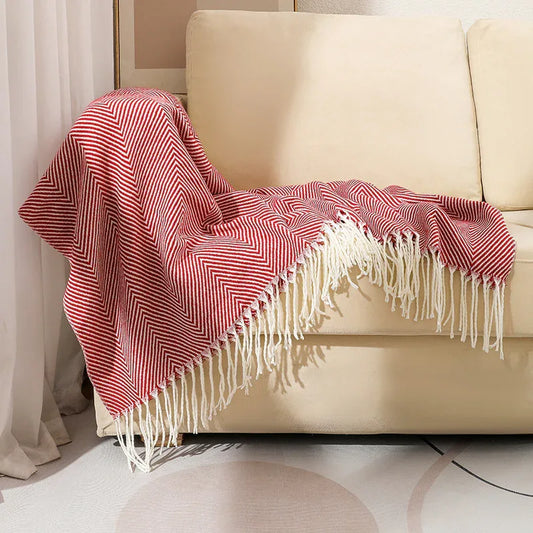 Red Elegant Herringbone Tassel Throw Blanket - Large Acrylic Faux Cashmere Soft Cozy Blanket for Sofa, Bed & Decor (130x240cm) - Mekamart Australia