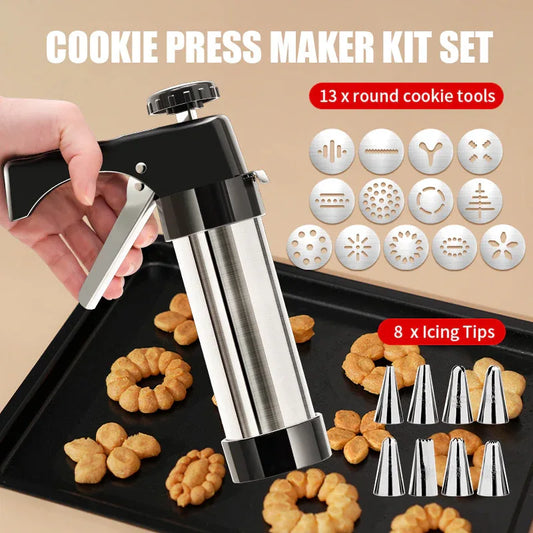 Silver and Black Stainless Steel Cookie Press Gun Kit - Biscuit Maker & Icing Decorating Set with 13 Discs & 8 Nozzles - Mekamart Australia