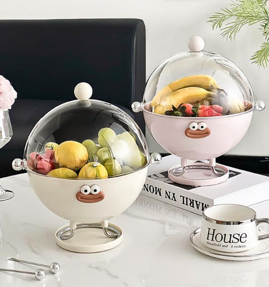 Beige Whimsical Covered Fruit Bowl with Flip Lid & Drainer - Cute Design Snack & Candy Dish for Living Room - Mekamart Australia