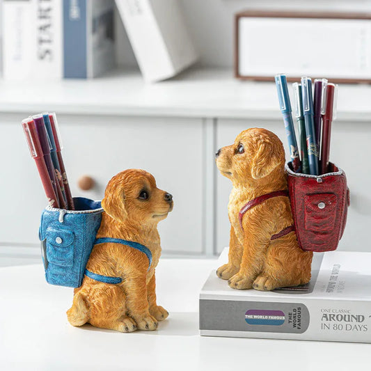 Blue Backpack Charming Golden Retriever Puppy Pen Holder - Resin Desktop Organizer & Decorative Figurine - Mekamart Australia