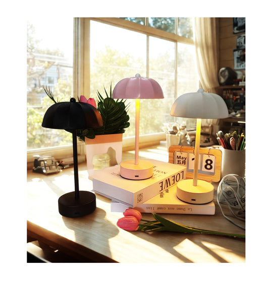 White Chic Mushroom LED Table Lamp - Rechargeable Cordless Touch Control 3-Color Adjustable Light for Bedroom Living Room Decor