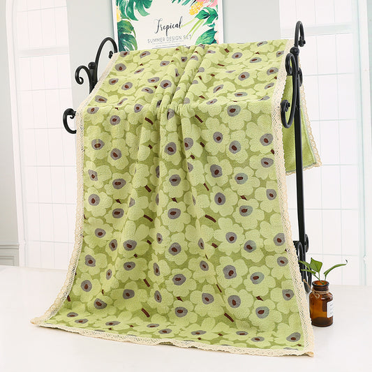 Green Vintage Floral Lace Trim Towel Set - Ultra Soft Absorbent Coral Fleece Bath & Face Towel