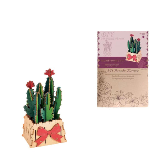 Thousand Flowers DIY 3D Wooden Cactus Puzzle with Red Flowers - 46-Piece Kids' Craft Toy