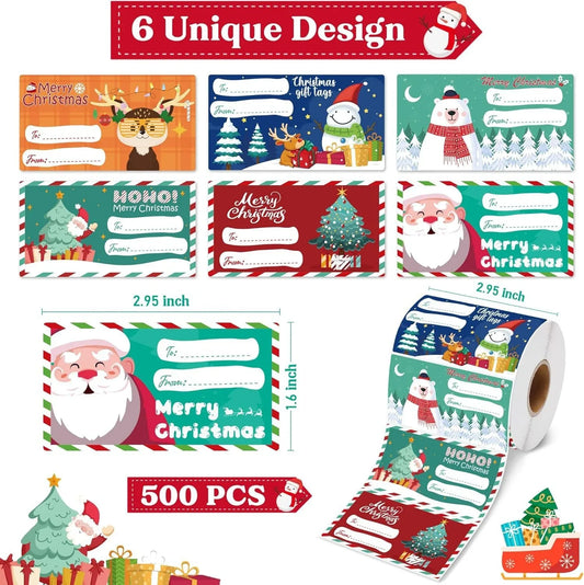 Set of 4 Christmas Gift Tag Sticker Rolls - 2000 Self-Adhesive Labels for Presents - Mekamart Australia
