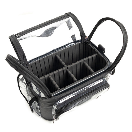 Black Professional Clear Makeup Case - Portable PVC Cosmetic Organizer with Adjustable Dividers & Shoulder Strap