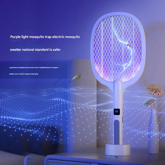 White Rechargeable 2-in-1 Bug Zapper Racket - Electric Fly Swatter & UV Mosquito Lamp with Charging Base - Mekamart Australia