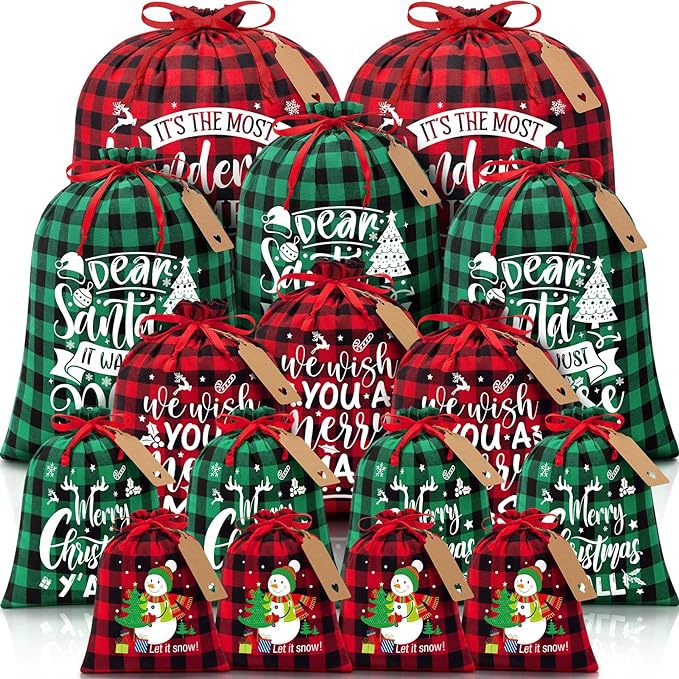 Green grid Christmas Gift Drawstring Bags Set - Festive Burlap Style Pouches for Candy & Apples - Holiday Decoration - 10 Pcs