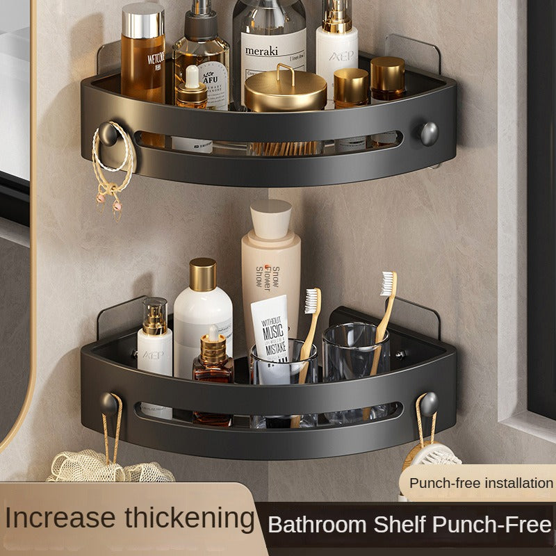Elegant black Premium No-Drill Corner Shower Caddy - Thickened ABS Bathroom Storage Shelf with Hooks, Quick Wall Mount Organiser