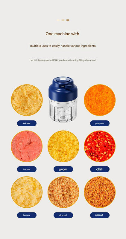 Powerful Mini Electric Food Chopper - USB Rechargeable Cordless Garlic & Meat Mincer(purple 250ml + 4-blade knife)