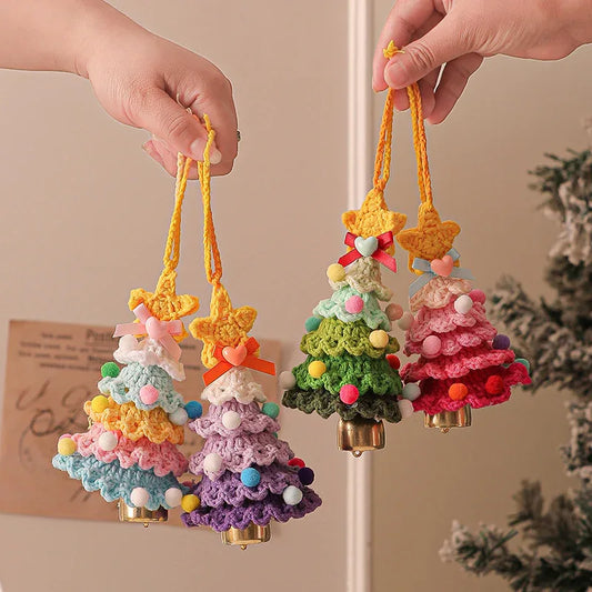 2 Pcs Style D Colorful Handmade Crochet Christmas Tree Ornament - Festive Hanging Decoration with Jingle Bell - Mekamart Australia