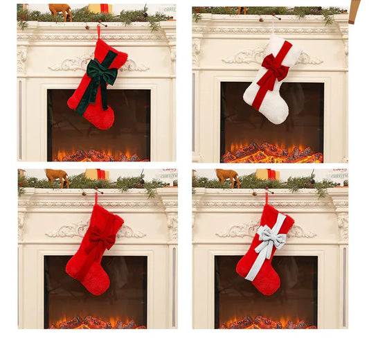 2 Pcs Red Stitching Green Bow Luxurious Velvet Christmas Stocking with Elegant Bow - Large 45cm Holiday Mantel Decoration - Mekamart Australia