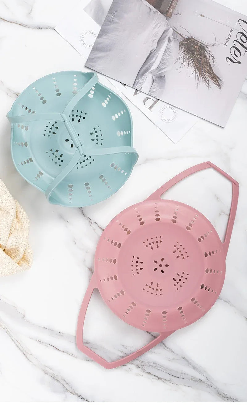 Large Pink Flexible Silicone Steamer Basket with Heat-Resistant Handles - Food-Grade Vegetable Steamer Insert for Pots & Pans