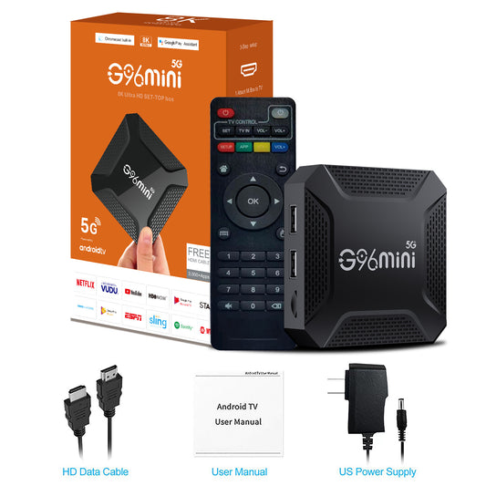 Black G96mini 8K Android TV Box 8G+128G — 5G Dual WiFi Smart Media Player with Voice Remote and HDMI Cable, Australian Plug